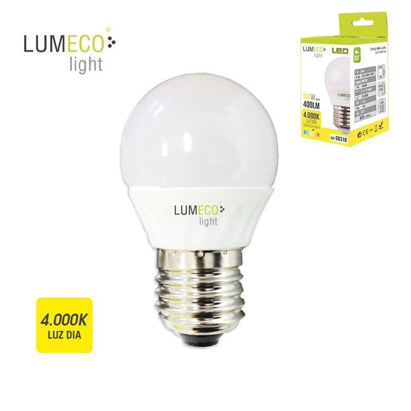 Bombilla esferica led e27 5w 400 lm 4000k luz dia lumeco