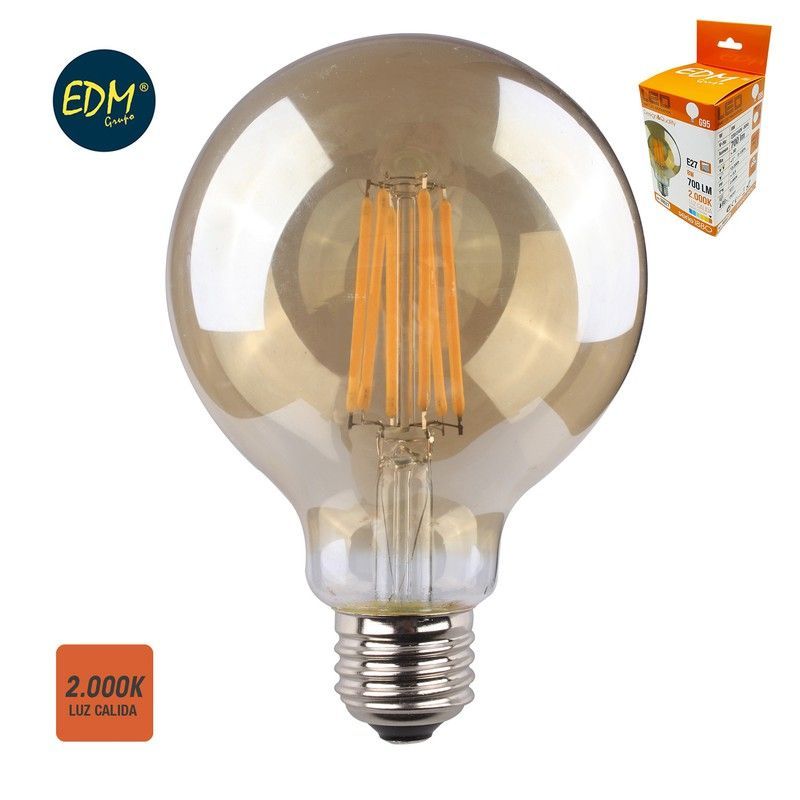 Bombilla globo filamento led cristal vintage ø 95 mm e27 8w 700 lm 2000k luz calida edm