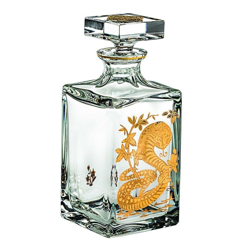 Botella de whisky Serpiente de cristal y oro transparente y dorada, 9,5 x 9,5 x 23 cm | Golden