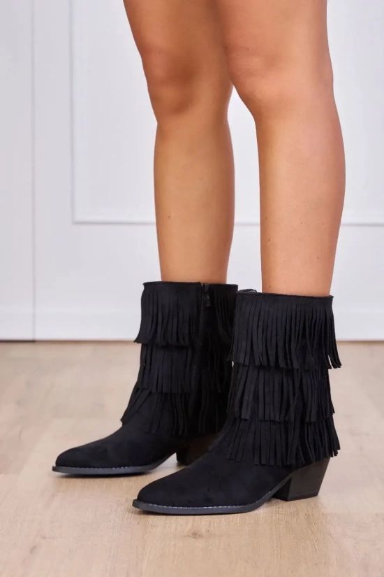 Botín Tacón Campero Detalle Flecos Negro
