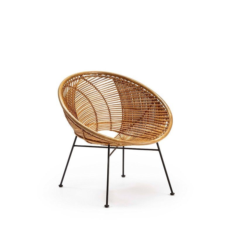 Butaca de mimbre y metal natural/negra, 72 x 78 x 80 cm