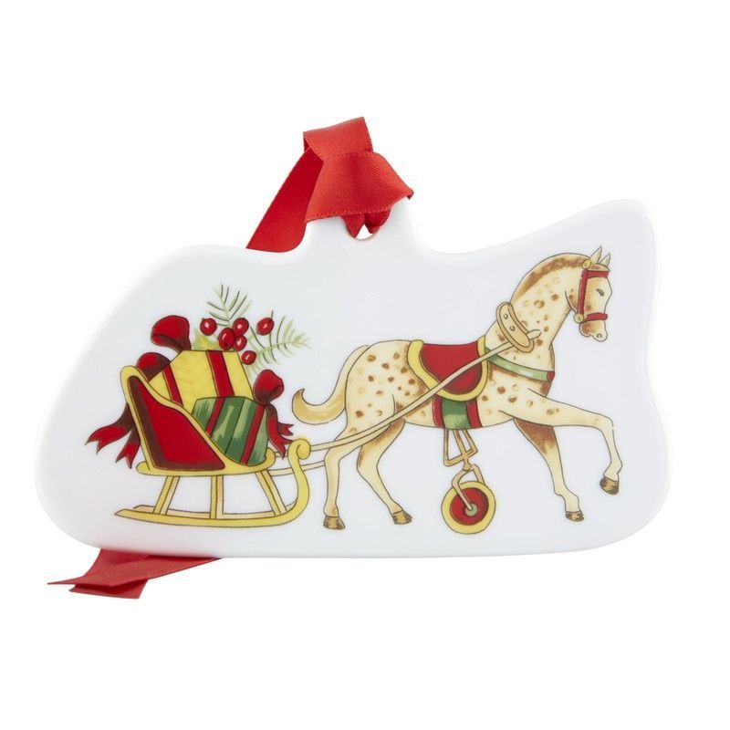 Caballo y trineo para el árbol de Navidad de porcelana blanco,verde y rojo, 7 x 11,5 x 0,4 cm | Christmas magic