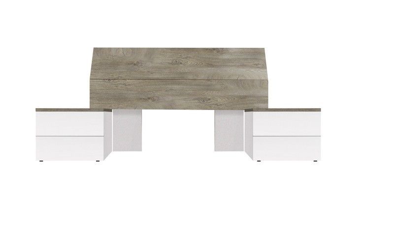 Cabecero con 2 mesitas de noche de madera natural/blanco, 256x34x96 cm | OIKOS