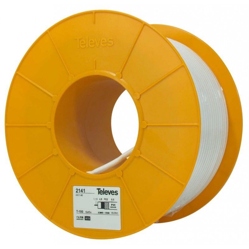Cable antena tv coaxial blanco pvc T100 PLUS Televes 214110 Rollo 100 mts .T100PLUS LSFH Dca 16RtC BL