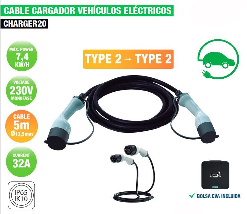 Cable Cargador V.E. 230V/32A-7,4Kw Type 2→Type 2 (5M)
