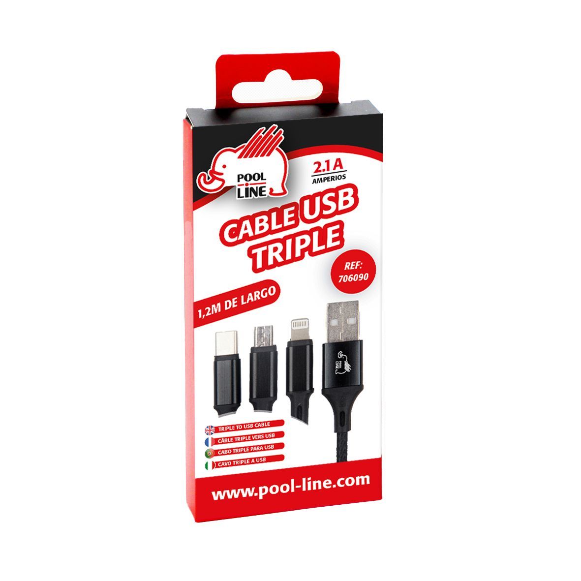 CABLE TELEFONIA REFORZADO COLOR NEGRO TIPO SALIDA TRIPLE  B, C , IPHONE 2.1 AMP (long.1,2 m)