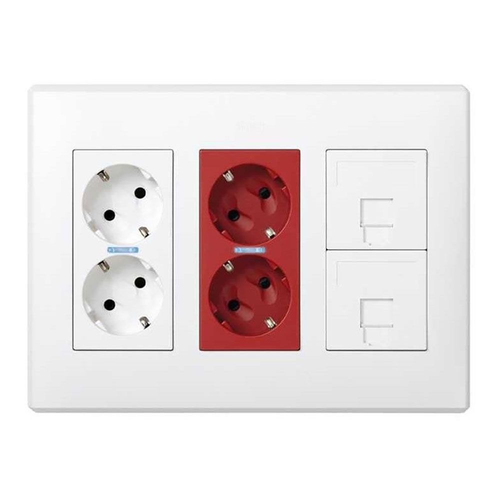 Caja Con 2 Schukos Blancos + 2 Schukos Rojos + 2 Rj45  500 Cima Superficie O Empotrar Blanca