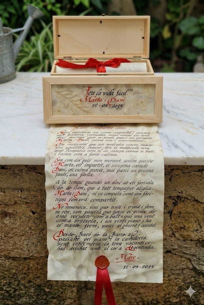Caja con Pergamino y Dedicatoria Escrito a Mano y Flores