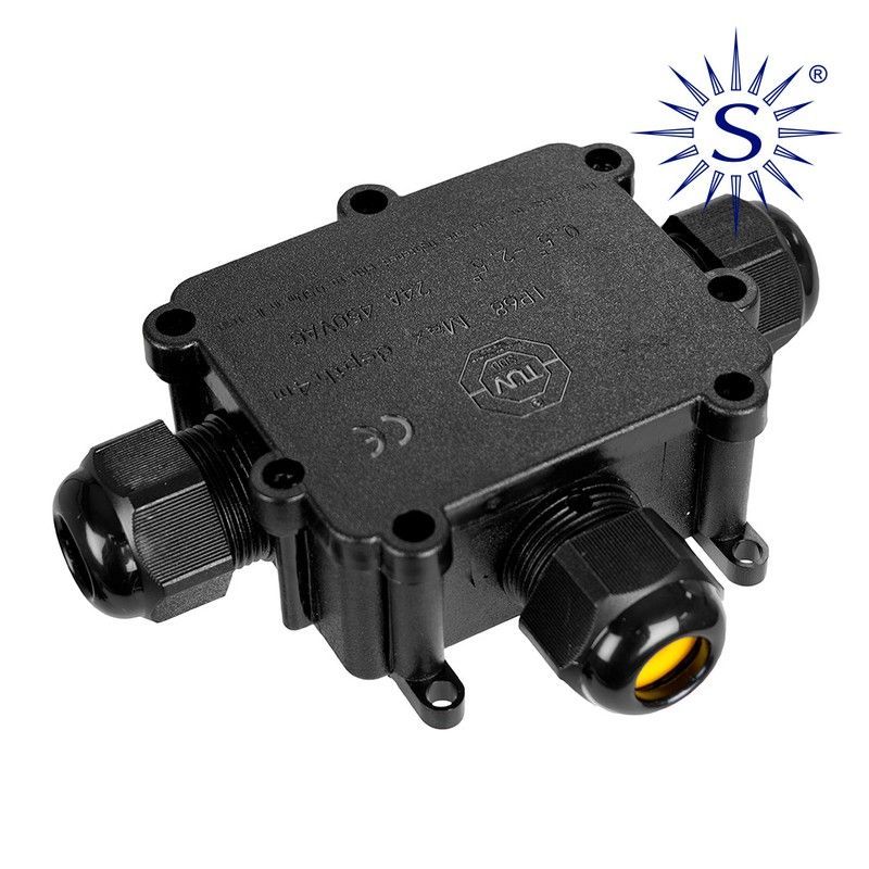 Caja de empalmes aerea para exterior estanca con 3 prensaestopas ip68 para exterior 9,3x7,3x3,8cm black series solera