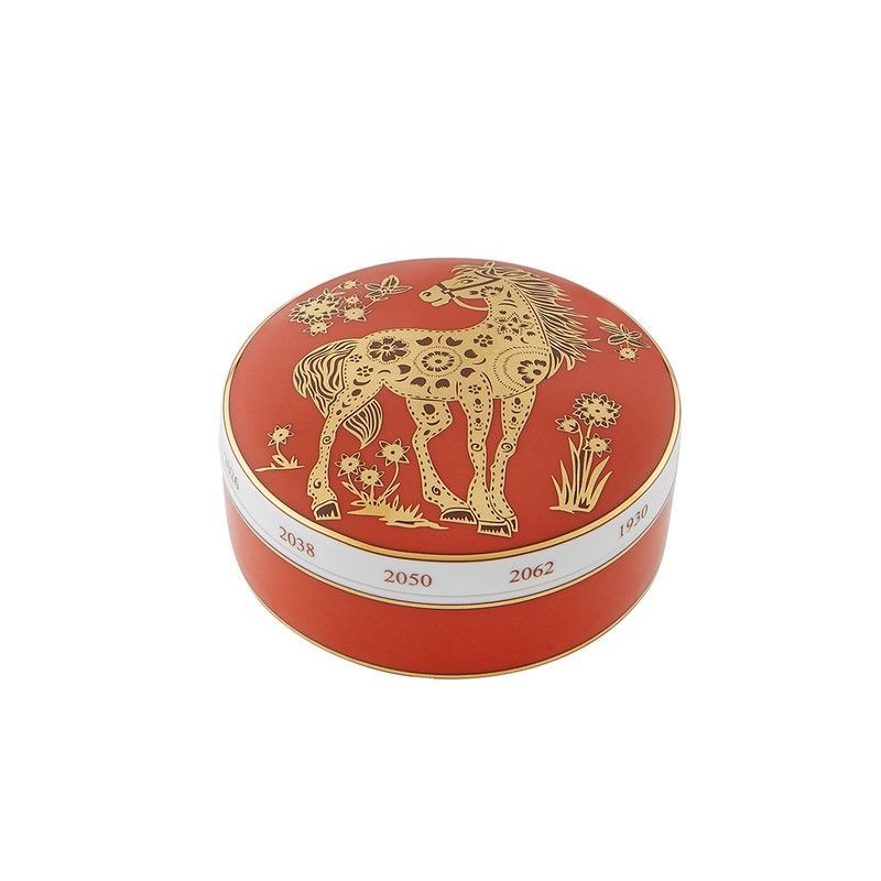 Caja decorativa de porcelana en rojo y dorado del signo del caballo, 10,1 x 10,1 x 4,5 cm | Golden