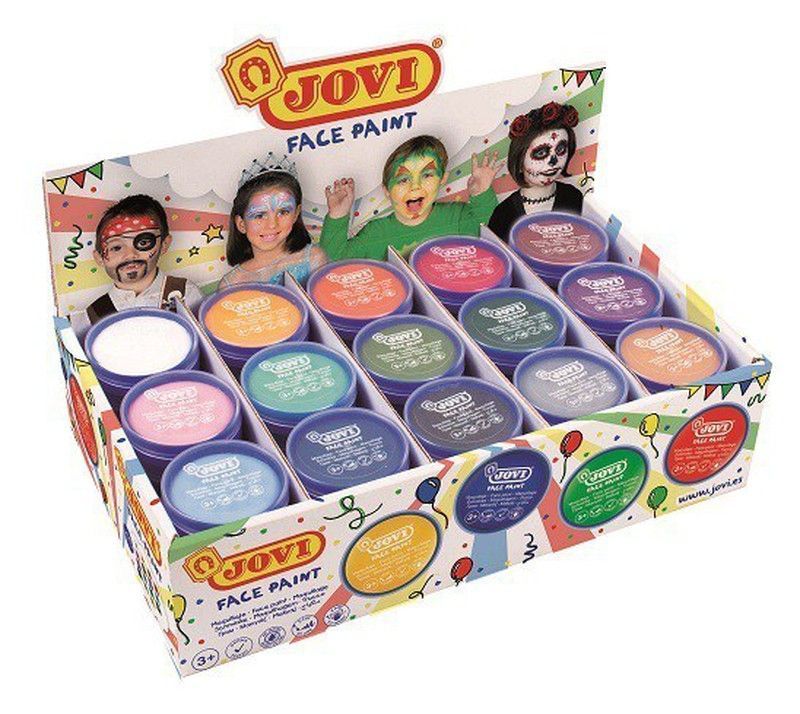 Caja expositora con 75 botes face paint jovi con 15 colores distintos