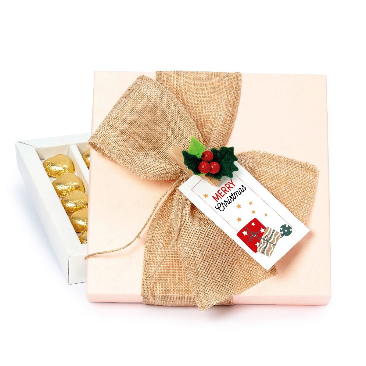 Caja rosa 20 cora-chocs pinza acebo y lazo burlap*