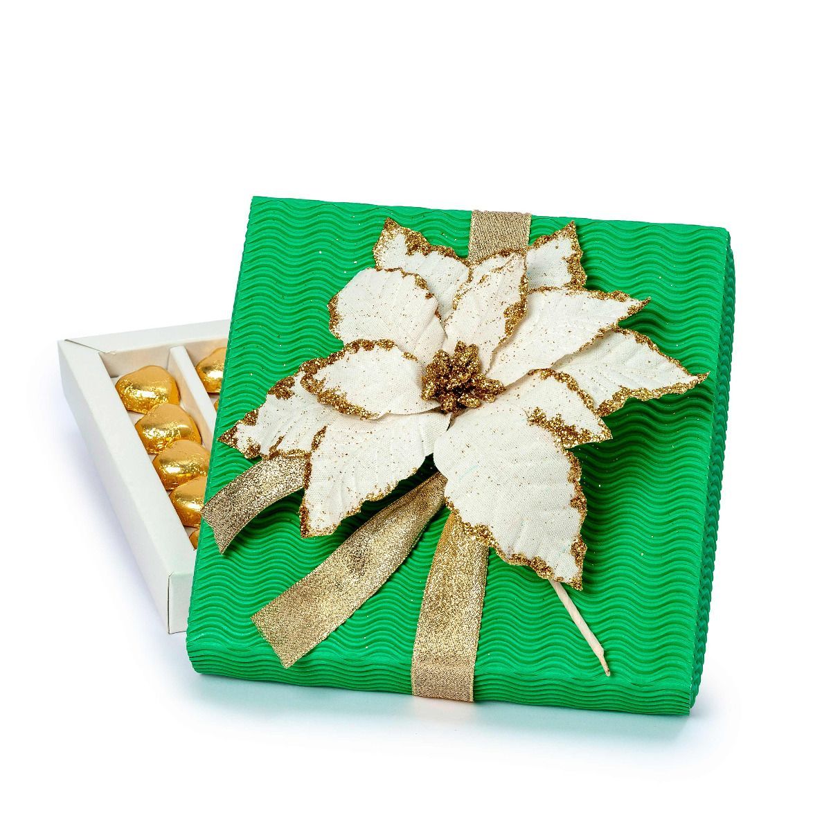 Caja verde 20 cora-choc Poinsettia blanca 20x20x3cm.*