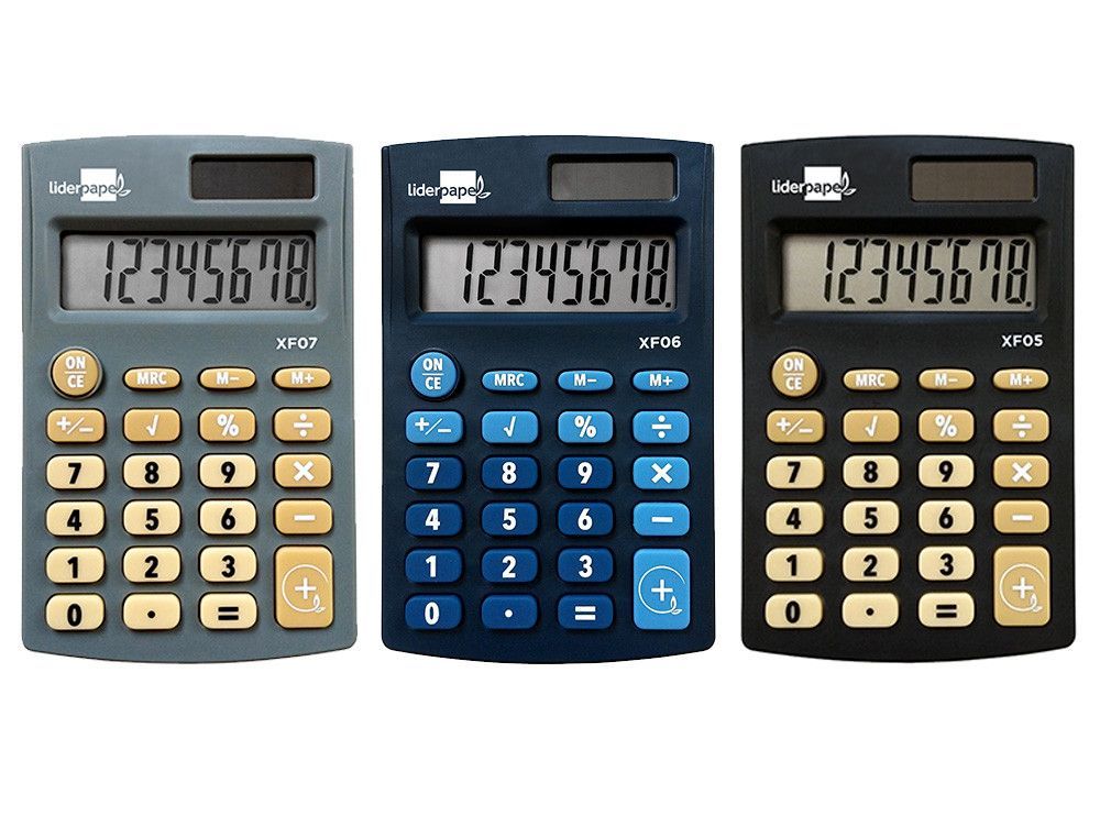 Calculadora liderpapel bolsillo xf08 8 digitos solar y pilas 98x62x8 mm expositor de 16 unidades colores