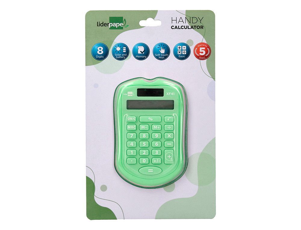 Calculadora liderpapel bolsillo xf42 8 digitos solar y pilas color verde 94x59,5x10,5mm