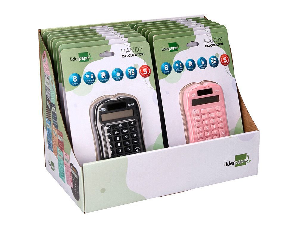 Calculadora liderpapel bolsillo xf44 8 digitos solar y pilas 94x59,5x10,5mm colores azul verde rosa exp de 16