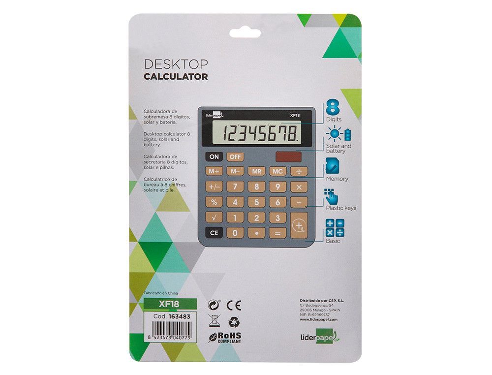 Calculadora liderpapel sobremesa xf18 8 digitos solar y pilas color gris 127x105x24 mm