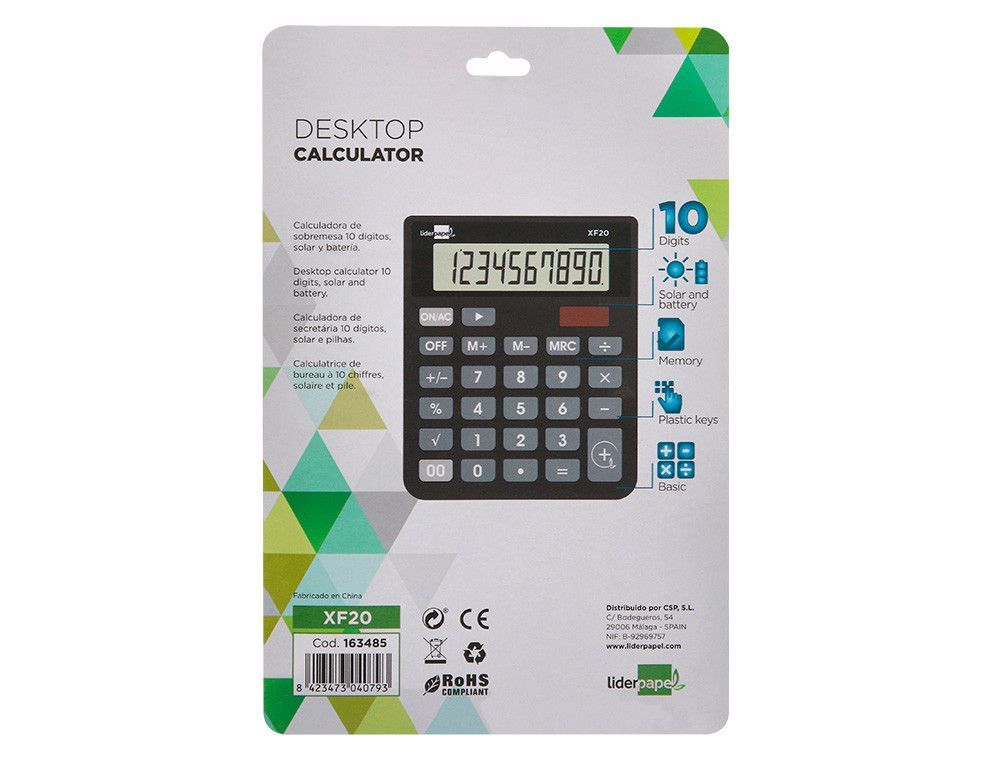 Calculadora liderpapel sobremesa xf20 10 digitos solar y pilas color negro 127x105x24 mm