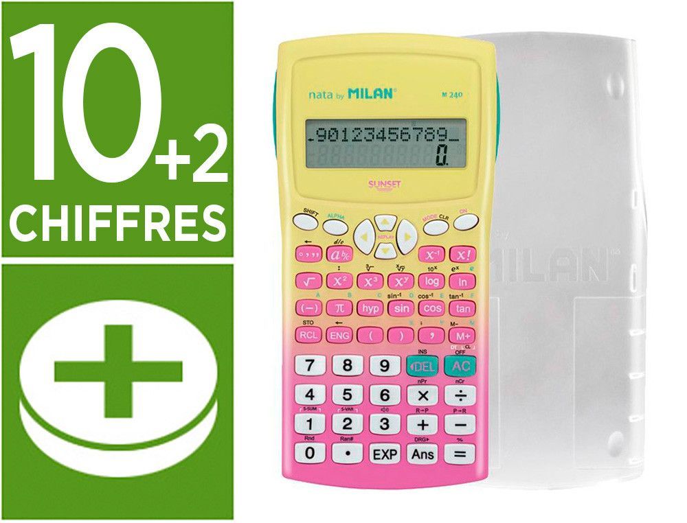 Calculadora milan cientifica m240 sunset tapa translucida 2 lineas 240 funciones 10+2 digitos color rosa /amarillo