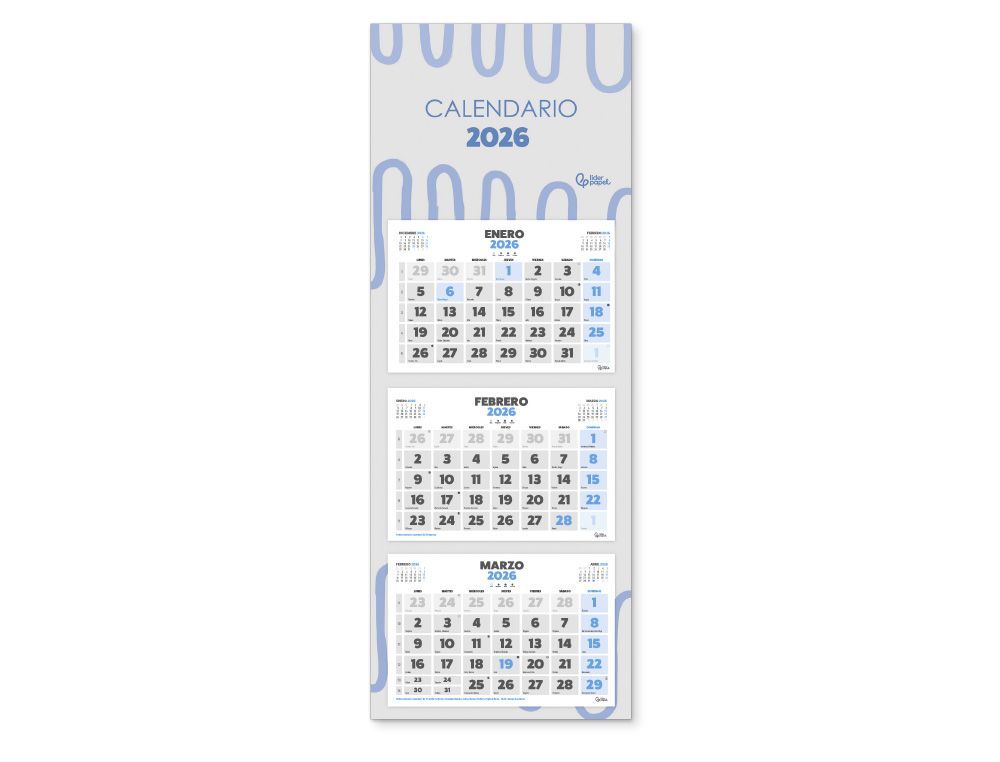 Calendario pared liderpapel 3 meses vistas 2026 plegable 33x70 cm papel 90 gr