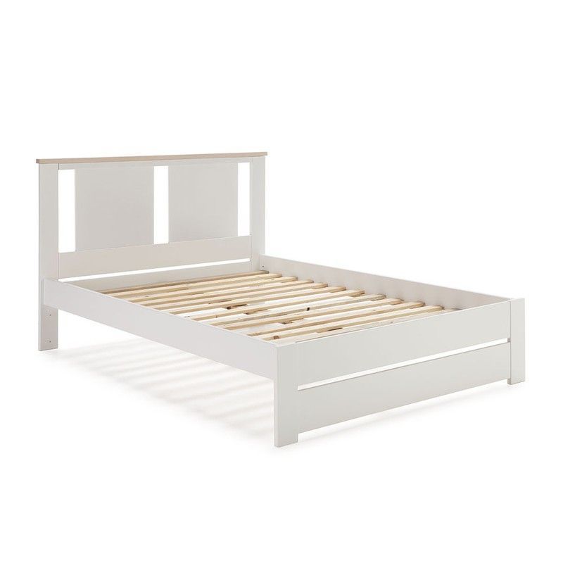 Cama para colchón de 140 cm, 198 x 152,3 x 100 cm, de madera de pino en blanco y natural  | Colección Enara