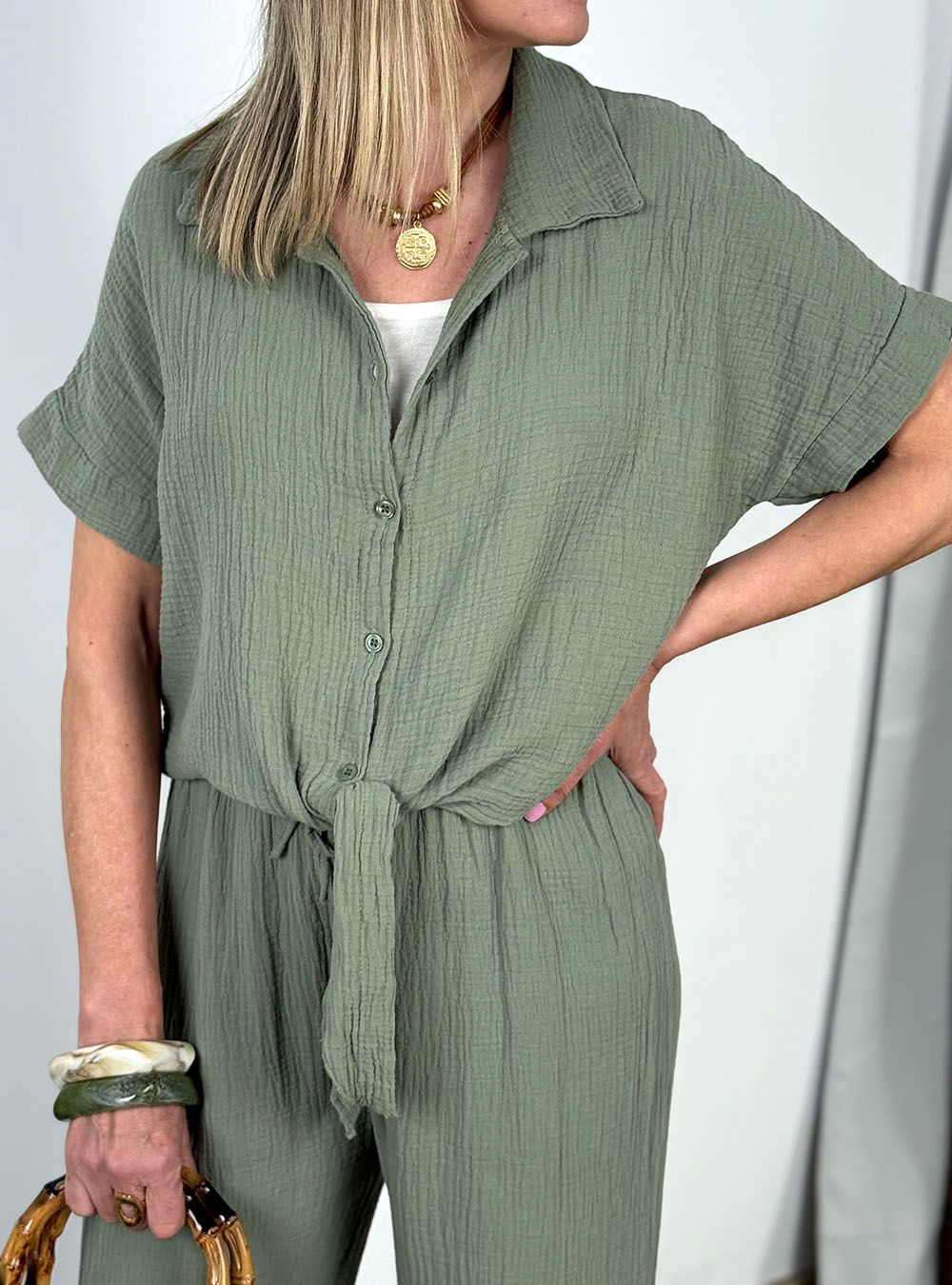 Camisa bambula verde kaki