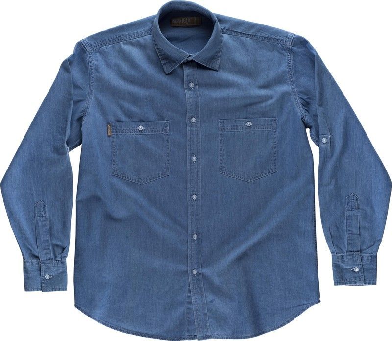 Camisa vaquera manga larga con bolsillos en pecho Claro