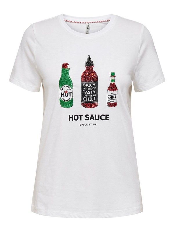 Camiseta con dibujos botellas lentjuelas Only Bright White