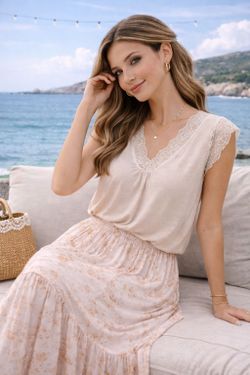 Camiseta Con Encaje para Mujer Beige