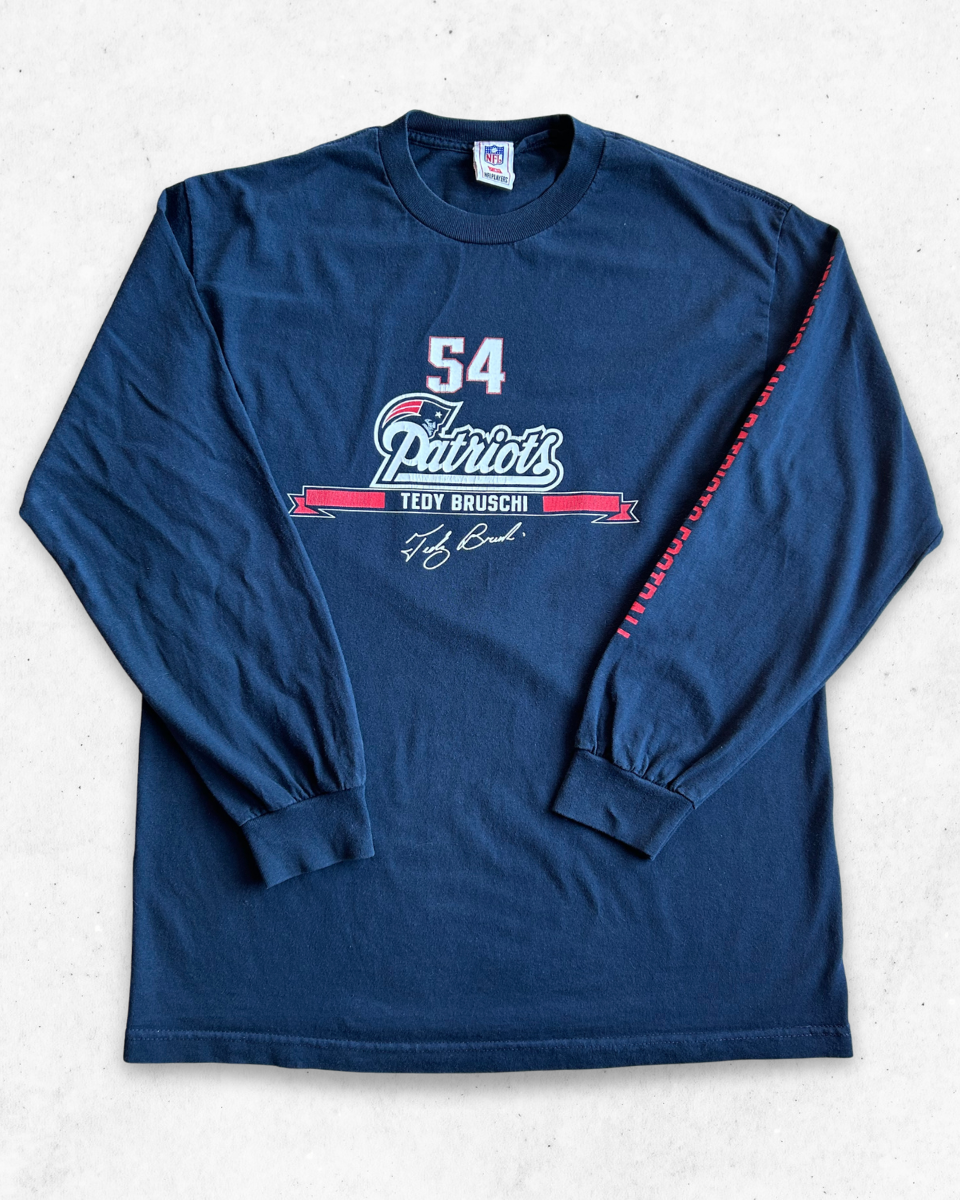 Camiseta de Manga Larga NFL New England Patriots 54 Tedy Bruschi Azul Marino L