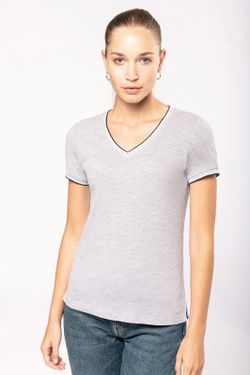 Camiseta de punto piqué con cuello de pico de mujer