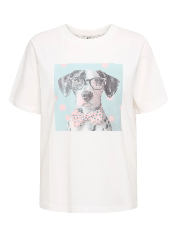 Camiseta m/c con print perro & pajarita Jdy White