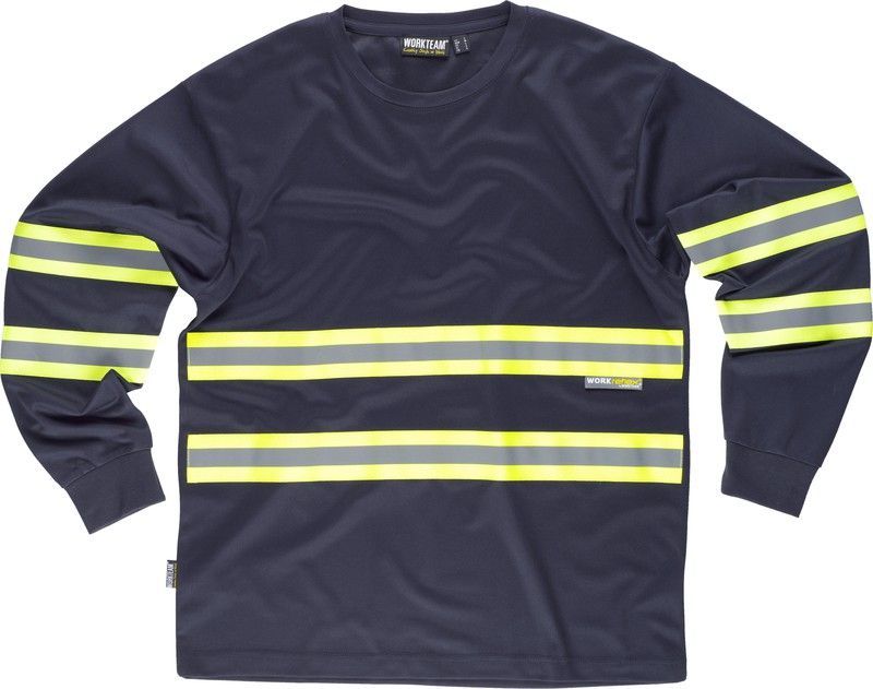 Camiseta manga larga, cuello redondo, cintas reflectantes combinadas Marino Amarillo A.V.