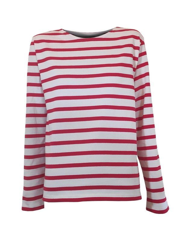 Camiseta rayada de manga larga rojo sobre beige para mujer