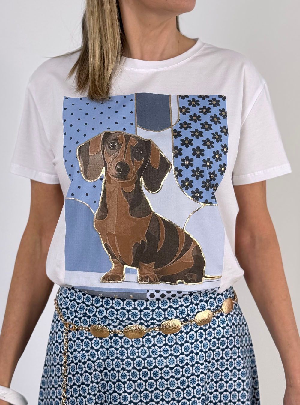 Camiseta Teckel lunares blanco-azul