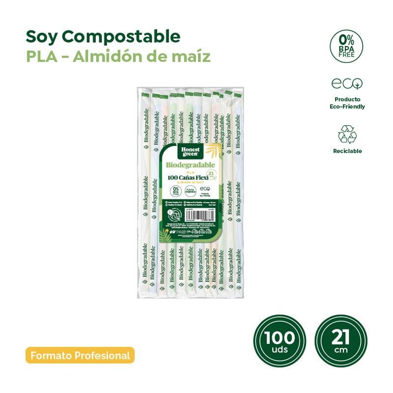 Cañas Flexibles Compostables enfundadas en papel. Pack de 100 uds.