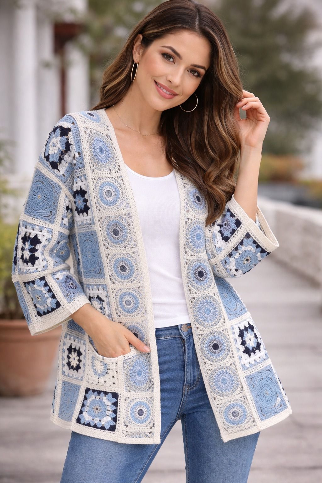 Cardigan Largo de Crochet para Mujer Azul