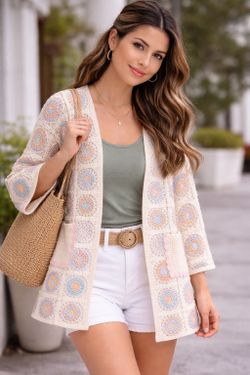 Cardigan Largo de Crochet para Mujer Beige