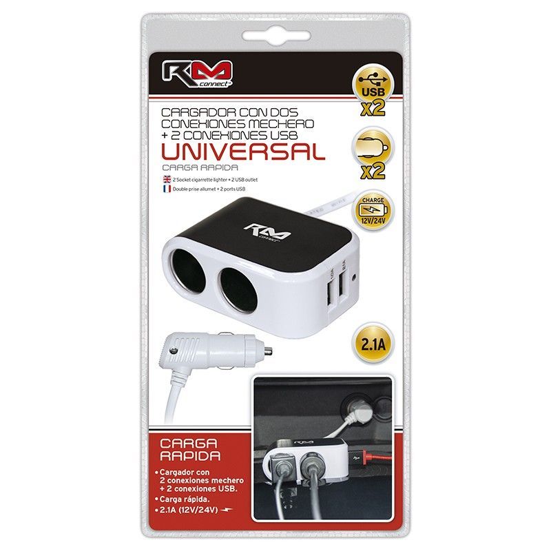 *CARGADOR MECHERO RM CONNECT, CON DOBLE CONEXIÓN PARA MECHERO Y DOBLE CONEXIÓN USB, CAP.2.1MA