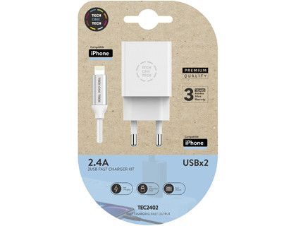 Cargador tech one tech 2.4 doble usb + cable braided nylon micro usb apple longitud 1 mt color blanco