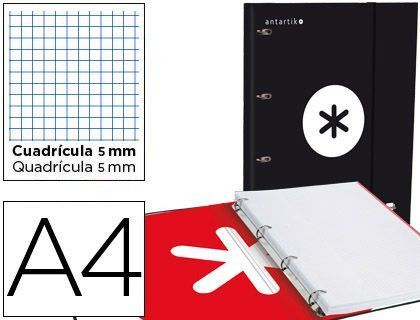 Carpeta con Recambio y Solapa Liderpapel Antartik A4 Cuadro 5 mm Forrada 4 Anillas Redondas 40Mm Color Negra