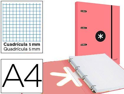 Carpeta con recambio y solapa liderpapel antartik a4 cuadro 5mm forrada 4 anillas redondas 40mm color coral