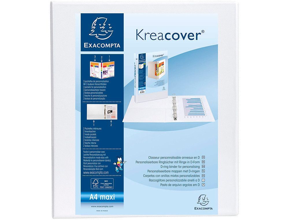 Carpeta exacompta canguro 4 anillas 60 mm DIN A4+ carton forrado polipropileno personalizable 3 bolsillos