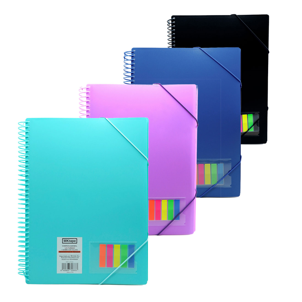 Carpeta Folio con espiral y 20 fundas con gomas + banderitas