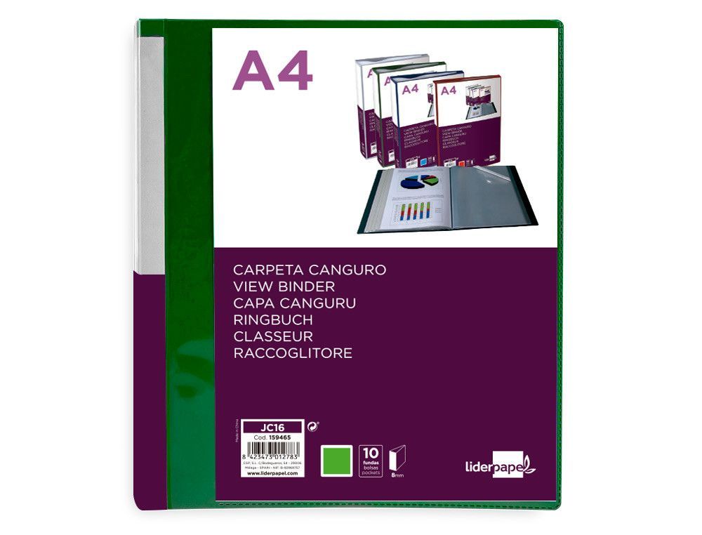 Carpeta liderpapel 10 fundas canguro pp DIN A4 verde translucido portada - lomo personalizable