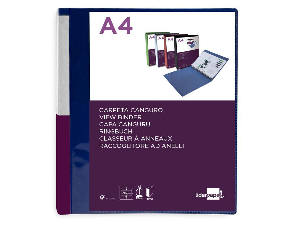 Carpeta liderpapel canguro 2 anillas 25 mm mixtas polipropileno din a4 azul translucido
