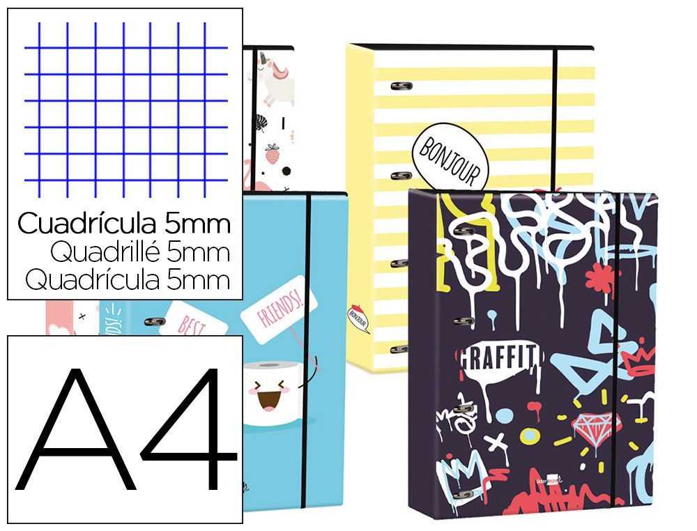 Carpeta liderpapel DIN A4 forrada con recambio 120 hojas 80 gr 5 mm 4 an. redondas 40 mm cierre goma