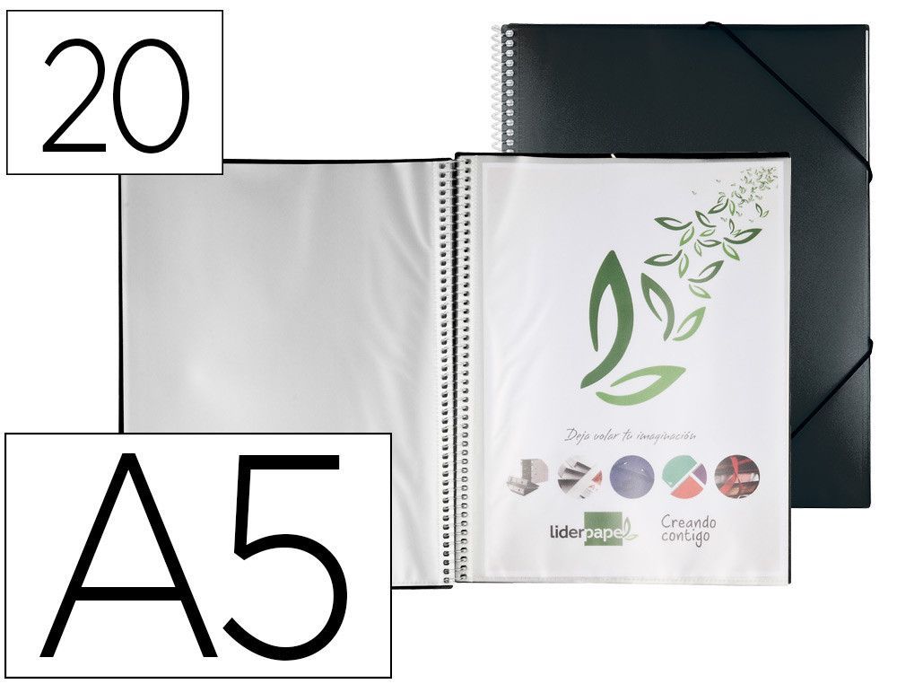 Carpeta liderpapel escaparate con espiral 20 fundas polipropileno din a5 negro opaco