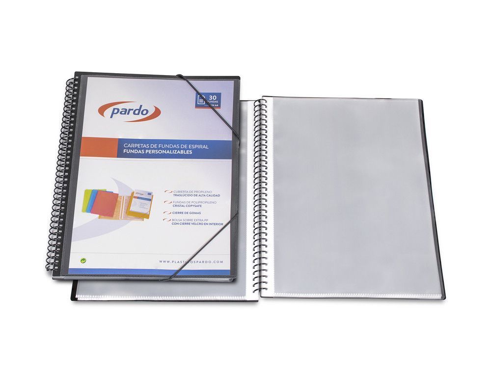 Carpeta pardo escaparate con espiral 30 fundas folio personalizable color negra