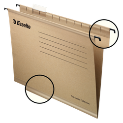 Carpetas colgantes Kraft natural 230 gr. Acceso vertical. Lomo V. Visor corto rígido Folio prolongado (Caja 50 unid.)